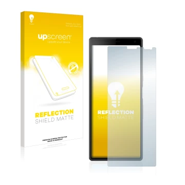 Vorderseite einer Produktverpackung mit dem Markenlogo upscreen. Daneben ist das Gerät Sony Xperia 10 mit dem zugehörigen Disp