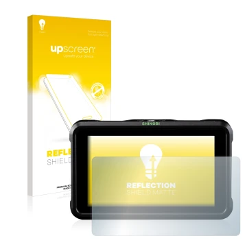 Vorderseite einer Produktverpackung mit dem Markenlogo upscreen. Daneben ist das Gerät Atomos Shinobi mit dem zugehörigen Disp