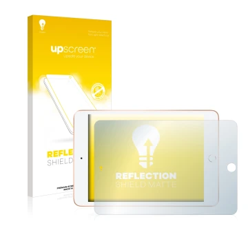 Vorderseite einer Produktverpackung mit dem Markenlogo upscreen. Daneben ist das Gerät Apple iPad Mini 5 2019 (im Querformat, 