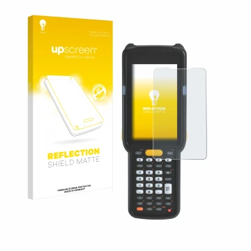 Vorderseite einer Produktverpackung mit dem Markenlogo upscreen. Daneben ist das Gerät Zebra MC330 mit dem zugehörigen Display