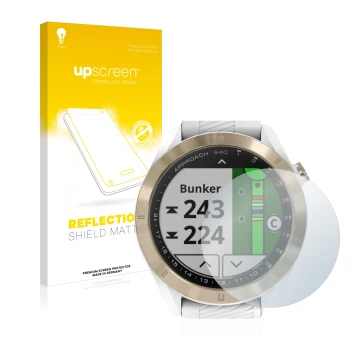 Vorderseite einer Produktverpackung mit dem Markenlogo upscreen. Daneben ist das Gerät Garmin Approach S40 mit dem zugehörigen