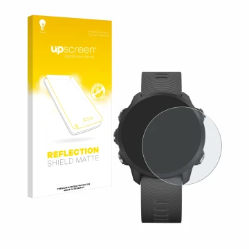 Vorderseite einer Produktverpackung mit dem Markenlogo upscreen. Daneben ist das Gerät Garmin Forerunner 245 Music mit dem zug