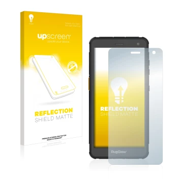 Vorderseite einer Produktverpackung mit dem Markenlogo upscreen. Daneben ist das Gerät RugGear RG655 mit dem zugehörigen Displ