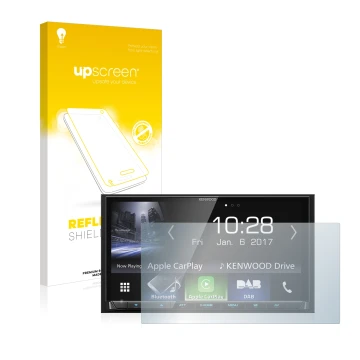 Vorderseite einer Produktverpackung mit dem Markenlogo upscreen. Daneben ist das Gerät Kenwood DMX7017DABS mit dem zugehörigen