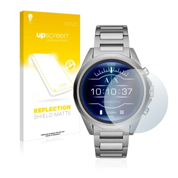 Vorderseite einer Produktverpackung mit dem Markenlogo upscreen. Daneben ist das Gerät Emporio Armani Connected Exchange AXT20