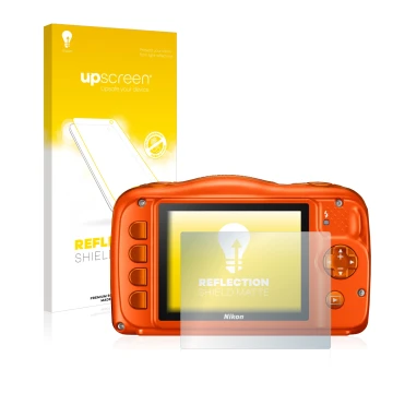 Vorderseite einer Produktverpackung mit dem Markenlogo upscreen. Daneben ist das Gerät Nikon Coolpix W150 mit dem zugehörigen 