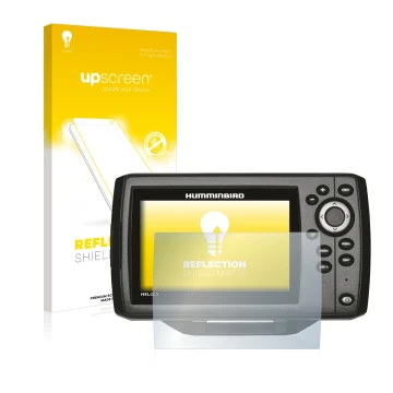 Vorderseite einer Produktverpackung mit dem Markenlogo upscreen. Daneben ist das Gerät Humminbird Helix 5 mit dem zugehörigen 