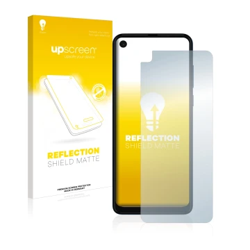 Vorderseite einer Produktverpackung mit dem Markenlogo upscreen. Daneben ist das Gerät Motorola One Vision mit dem zugehörigen