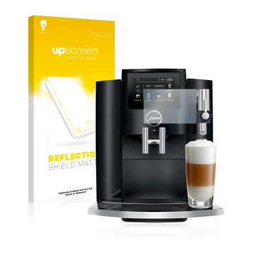 Vorderseite einer Produktverpackung mit dem Markenlogo upscreen. Daneben ist das Gerät Jura S8 mit dem zugehörigen Displayschu