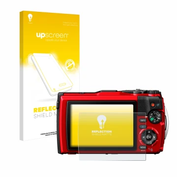 Vorderseite einer Produktverpackung mit dem Markenlogo upscreen. Daneben ist das Gerät Olympus Tough TG-6 mit dem zugehörigen 