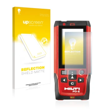 Vorderseite einer Produktverpackung mit dem Markenlogo upscreen. Daneben ist das Gerät Hilti PD-E mit dem zugehörigen Displays