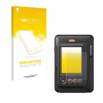 Vorderseite einer Produktverpackung mit dem Markenlogo upscreen. Daneben ist das Gerät Fujifilm Instax Mini LiPlay mit dem zug
