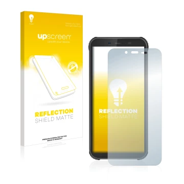 Vorderseite einer Produktverpackung mit dem Markenlogo upscreen. Daneben ist das Gerät Blackview BV5500 mit dem zugehörigen Di