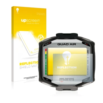 Vorderseite einer Produktverpackung mit dem Markenlogo upscreen. Daneben ist das Gerät Mares Quad Air mit dem zugehörigen Disp