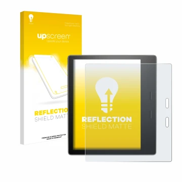 Vorderseite einer Produktverpackung mit dem Markenlogo upscreen. Daneben ist das Gerät Amazon Kindle Oasis 2019 (10. Gen.) mit