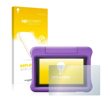 Vorderseite einer Produktverpackung mit dem Markenlogo upscreen. Daneben ist das Gerät Amazon Fire 7 Kids Edition 2019 (9. Gen