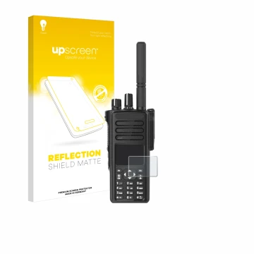 Vorderseite einer Produktverpackung mit dem Markenlogo upscreen. Daneben ist das Gerät Motorola DP4801e mit dem zugehörigen Di