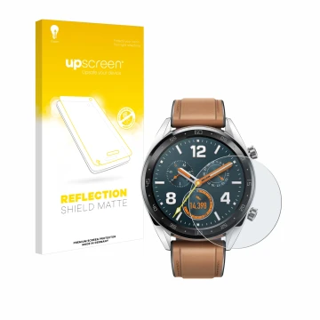 Vorderseite einer Produktverpackung mit dem Markenlogo upscreen. Daneben ist das Gerät Huawei Watch GT Classic mit dem zugehör