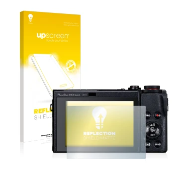 Vorderseite einer Produktverpackung mit dem Markenlogo upscreen. Daneben ist das Gerät Canon PowerShot G5 X Mark II mit dem zu