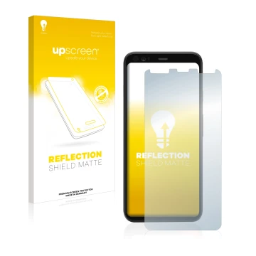 Vorderseite einer Produktverpackung mit dem Markenlogo upscreen. Daneben ist das Gerät Google Pixel 4 mit dem zugehörigen Disp