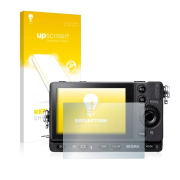 Vorderseite einer Produktverpackung mit dem Markenlogo upscreen. Daneben ist das Gerät Sigma FP mit dem zugehörigen Displaysch