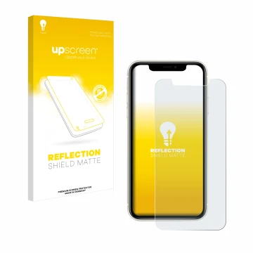 Vorderseite einer Produktverpackung mit dem Markenlogo upscreen. Daneben ist das Gerät Apple iPhone 11 mit dem zugehörigen Dis