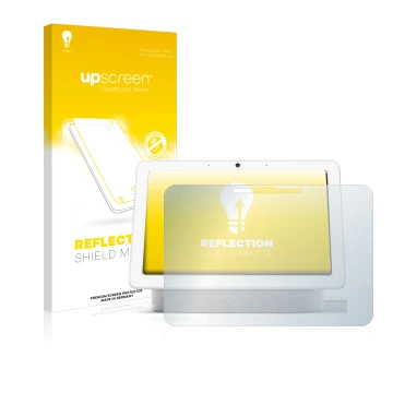 Vorderseite einer Produktverpackung mit dem Markenlogo upscreen. Daneben ist das Gerät Google Nest Hub Max mit dem zugehörigen