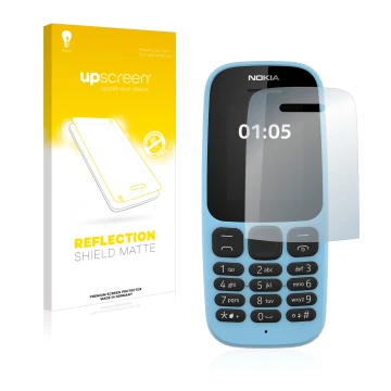 Vorderseite einer Produktverpackung mit dem Markenlogo upscreen. Daneben ist das Gerät Nokia 105 2019 mit dem zugehörigen Disp