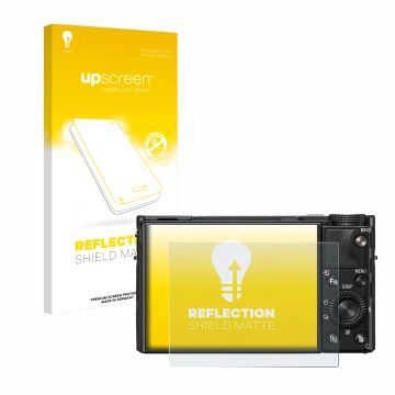 Vorderseite einer Produktverpackung mit dem Markenlogo upscreen. Daneben ist das Gerät Sony Cyber-Shot DSC-RX100 VII mit dem z