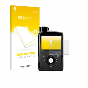 Vorderseite einer Produktverpackung mit dem Markenlogo upscreen. Daneben ist das Gerät Medtronic Minimed 670G mit dem zugehöri