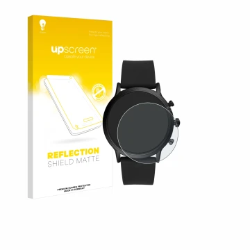 Vorderseite einer Produktverpackung mit dem Markenlogo upscreen. Daneben ist das Gerät Fossil The Carlyle HR (5.Gen) mit dem z