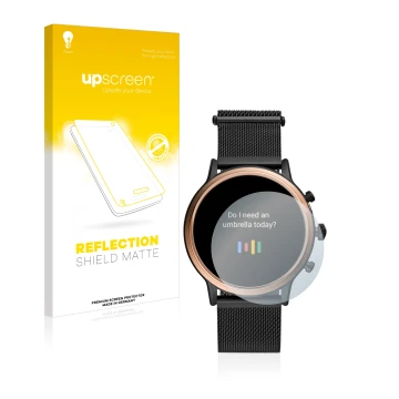 Vorderseite einer Produktverpackung mit dem Markenlogo upscreen. Daneben ist das Gerät Fossil Julianna HR (5.Gen) mit dem zuge