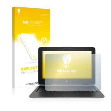 Vorderseite einer Produktverpackung mit dem Markenlogo upscreen. Daneben ist das Gerät HP ProBook x360 11 G3 mit dem zugehörig