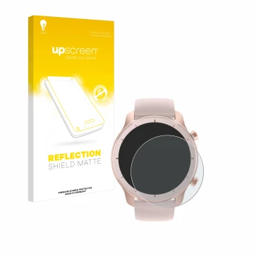 Vorderseite einer Produktverpackung mit dem Markenlogo upscreen. Daneben ist das Gerät Huami Amazfit GTR (42 mm) mit dem zugeh