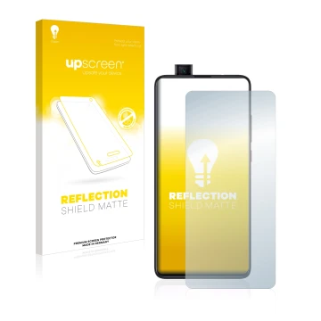 Vorderseite einer Produktverpackung mit dem Markenlogo upscreen. Daneben ist das Gerät Xiaomi Mi 9T Pro mit dem zugehörigen Di