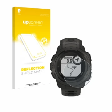 Vorderseite einer Produktverpackung mit dem Markenlogo upscreen. Daneben ist das Gerät Garmin Instinct Tactical Edition mit de