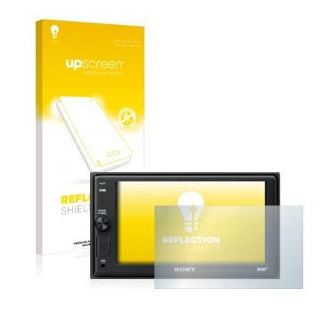 Vorderseite einer Produktverpackung mit dem Markenlogo upscreen. Daneben ist das Gerät Sony XAV-AX1005DB mit dem zugehörigen D