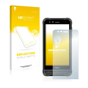 Vorderseite einer Produktverpackung mit dem Markenlogo upscreen. Daneben ist das Gerät Cyrus CS22 XA mit dem zugehörigen Displ