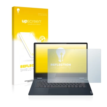Vorderseite einer Produktverpackung mit dem Markenlogo upscreen. Daneben ist das Gerät Lenovo IdeaPad C340 14