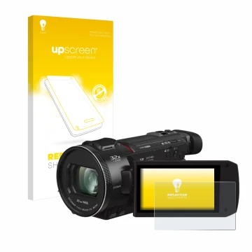 Vorderseite einer Produktverpackung mit dem Markenlogo upscreen. Daneben ist das Gerät Panasonic HC-VXF11 mit dem zugehörigen 