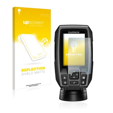 Vorderseite einer Produktverpackung mit dem Markenlogo upscreen. Daneben ist das Gerät Garmin Striker 4 mit dem zugehörigen Di