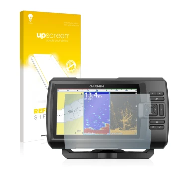 Vorderseite einer Produktverpackung mit dem Markenlogo upscreen. Daneben ist das Gerät Garmin Striker Plus 9sv mit dem zugehör