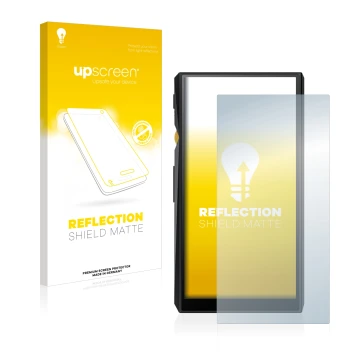 Vorderseite einer Produktverpackung mit dem Markenlogo upscreen. Daneben ist das Gerät FiiO M11 mit dem zugehörigen Displaysch