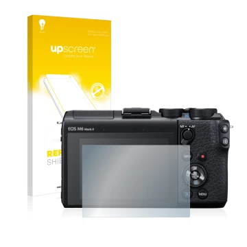 Vorderseite einer Produktverpackung mit dem Markenlogo upscreen. Daneben ist das Gerät Canon EOS M6 Mark II mit dem zugehörige