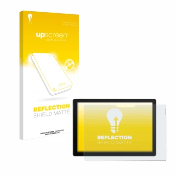 Vorderseite einer Produktverpackung mit dem Markenlogo upscreen. Daneben ist das Gerät Microsoft Surface Pro 7 mit dem zugehör