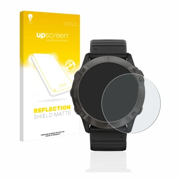 Vorderseite einer Produktverpackung mit dem Markenlogo upscreen. Daneben ist das Gerät Garmin Fenix 6X Pro mit dem zugehörigen