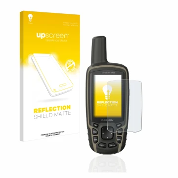 Vorderseite einer Produktverpackung mit dem Markenlogo upscreen. Daneben ist das Gerät Garmin GPSMAP 64sx mit dem zugehörigen 
