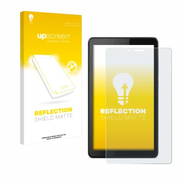 Vorderseite einer Produktverpackung mit dem Markenlogo upscreen. Daneben ist das Gerät Lenovo Tab M7 mit dem zugehörigen Displ