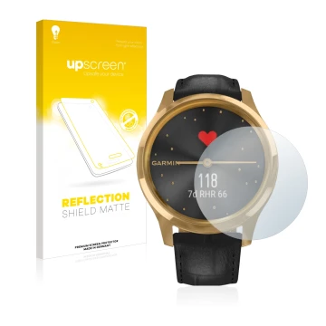 Vorderseite einer Produktverpackung mit dem Markenlogo upscreen. Daneben ist das Gerät Garmin vivomove Luxe (42 mm) mit dem zu