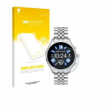 Vorderseite einer Produktverpackung mit dem Markenlogo upscreen. Daneben ist das Gerät Michael Kors Access Lexington 2 mit dem